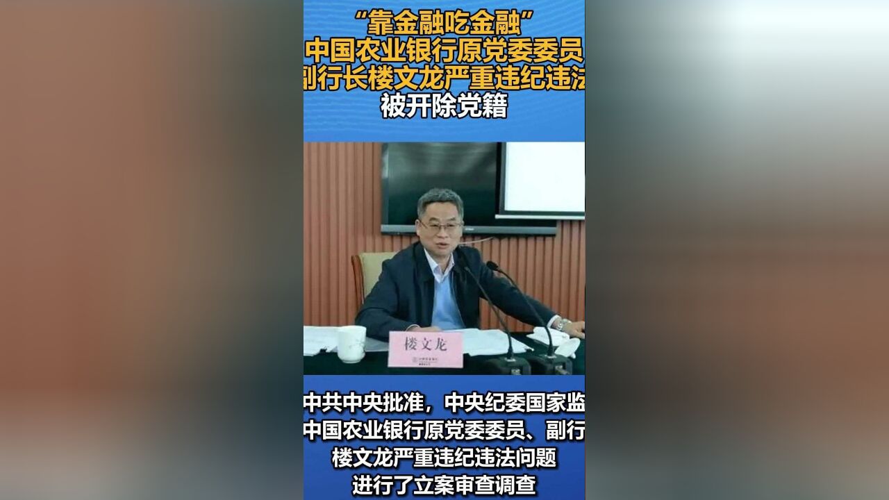 “靠金融吃金融”,中国农业银行原党委委员、副行长楼文龙严重违纪违法被开除党籍