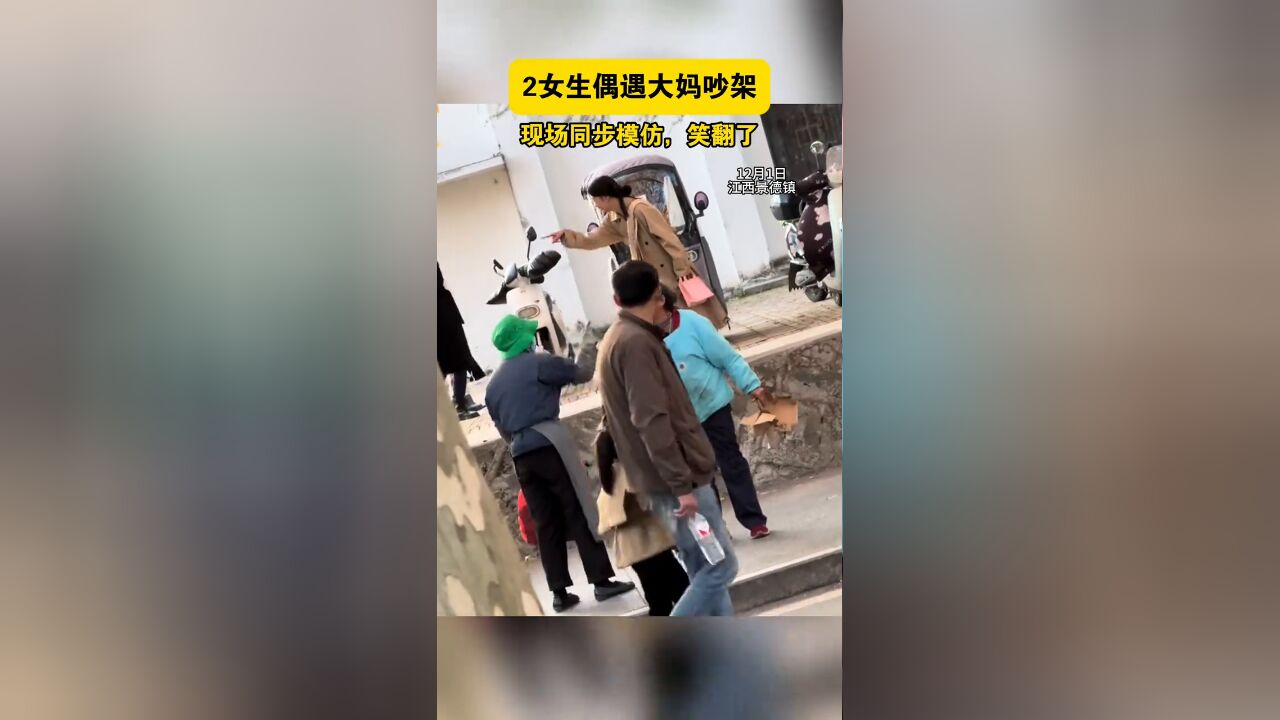 2女生偶遇大妈吵架现场同步模仿