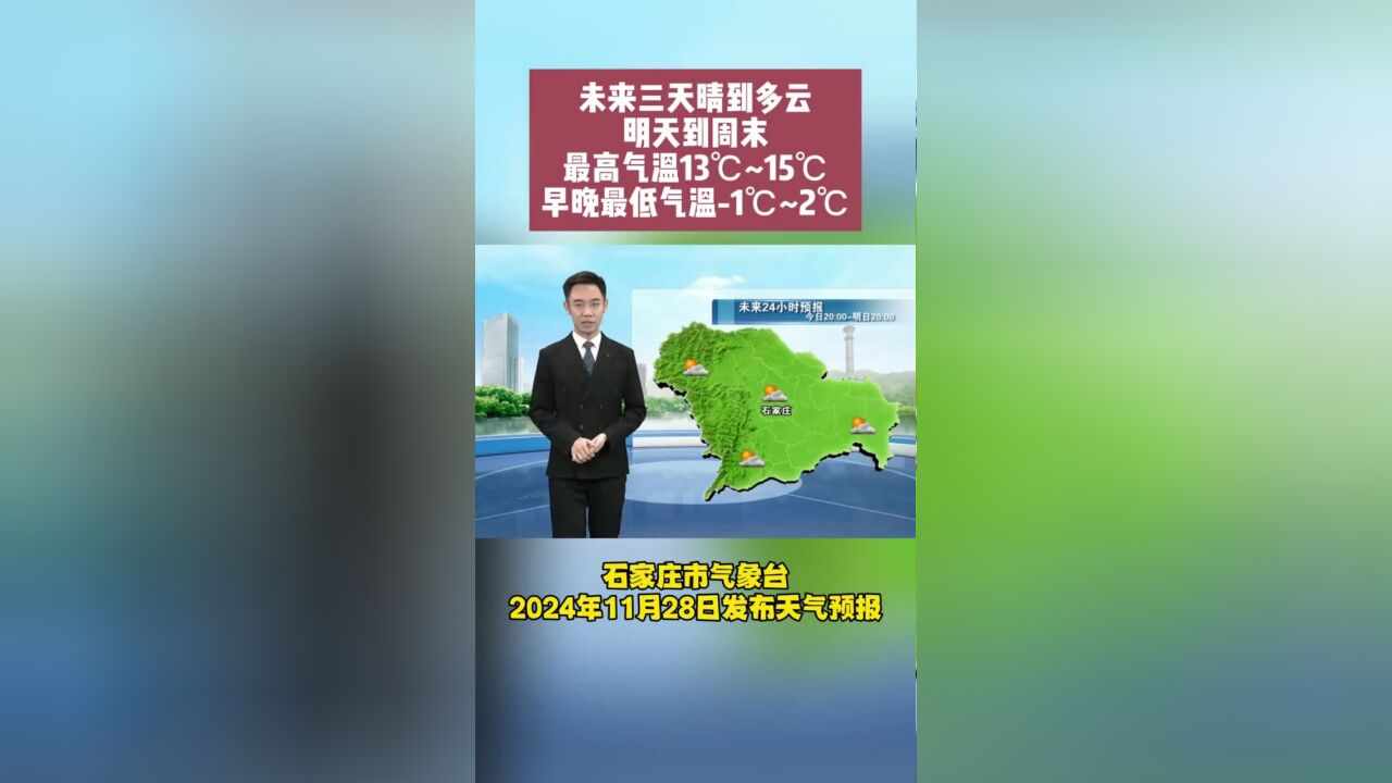 2024年11月28日,未来三天天气以晴到多云为主,明天到周末最高气温13℃~15℃,早晚最低气温1℃~2℃!