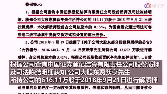 乐视网:贾跃亭所持616万股于9月21日进行解质押