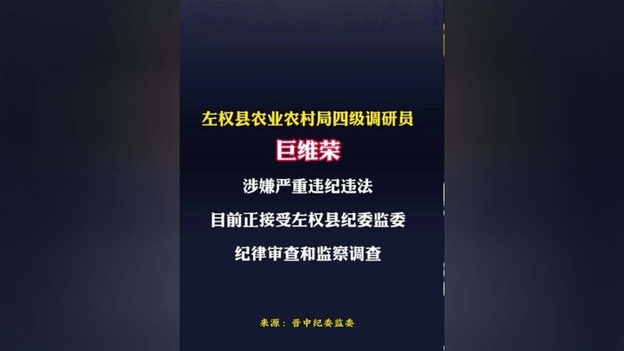 巨维荣接受纪律审查和监察调查