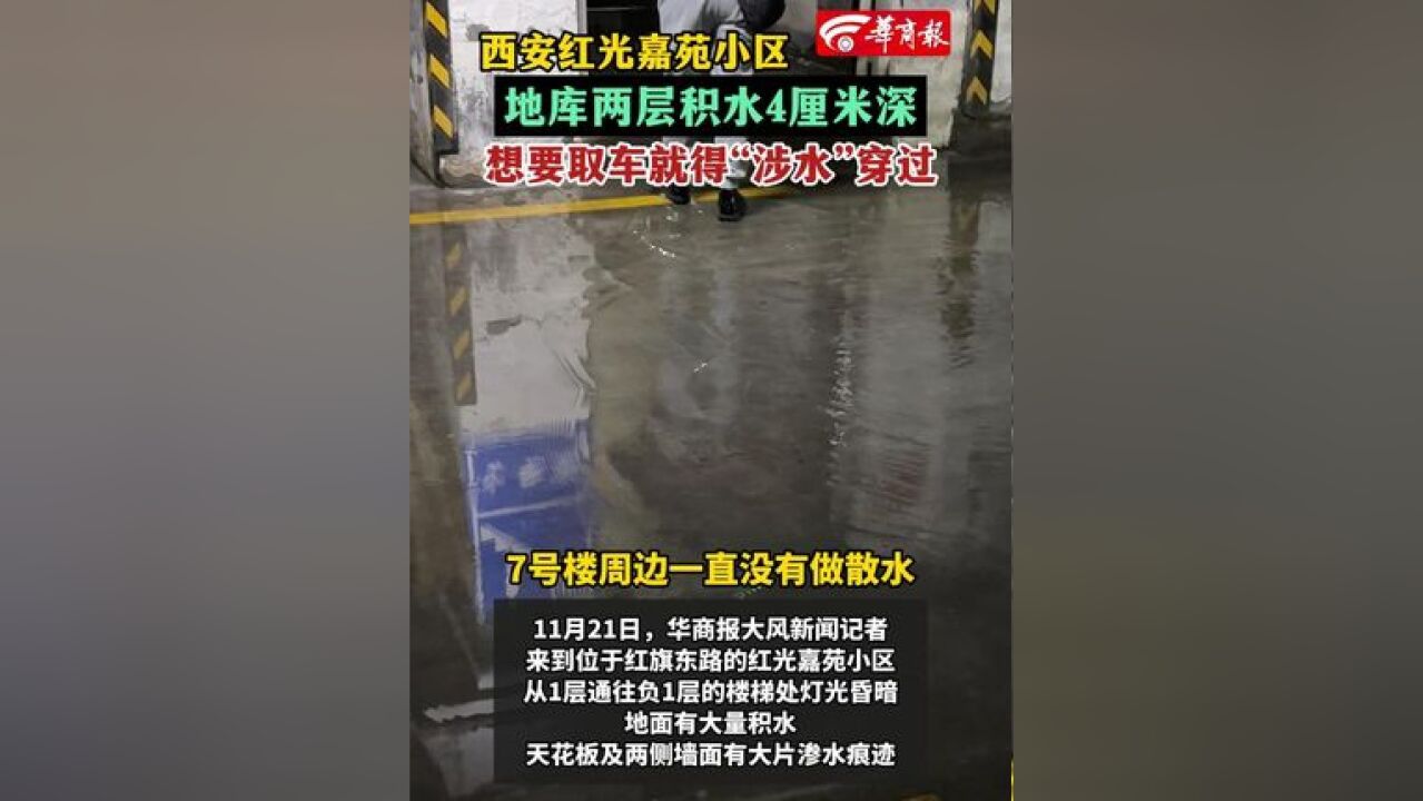 西安红光嘉苑小区地库两层积水4厘米深 想要取车就得“涉水”穿过