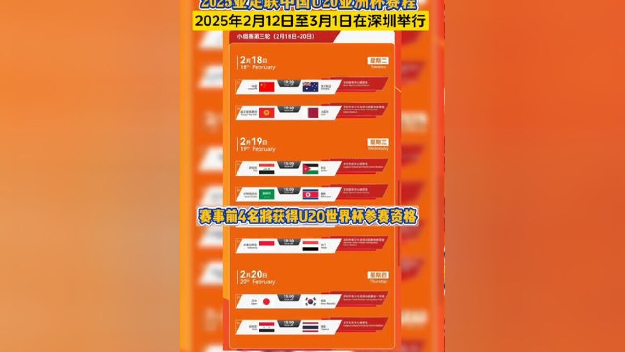 2025亚足联中国U20亚洲杯 将于2025年2月12日至3月1日在深圳举行,前4名将获得U20世界杯参赛资格