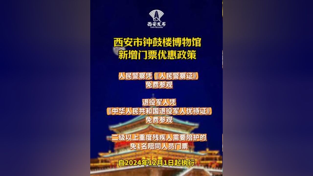 西安市钟鼓楼博物馆新增门票优惠政策