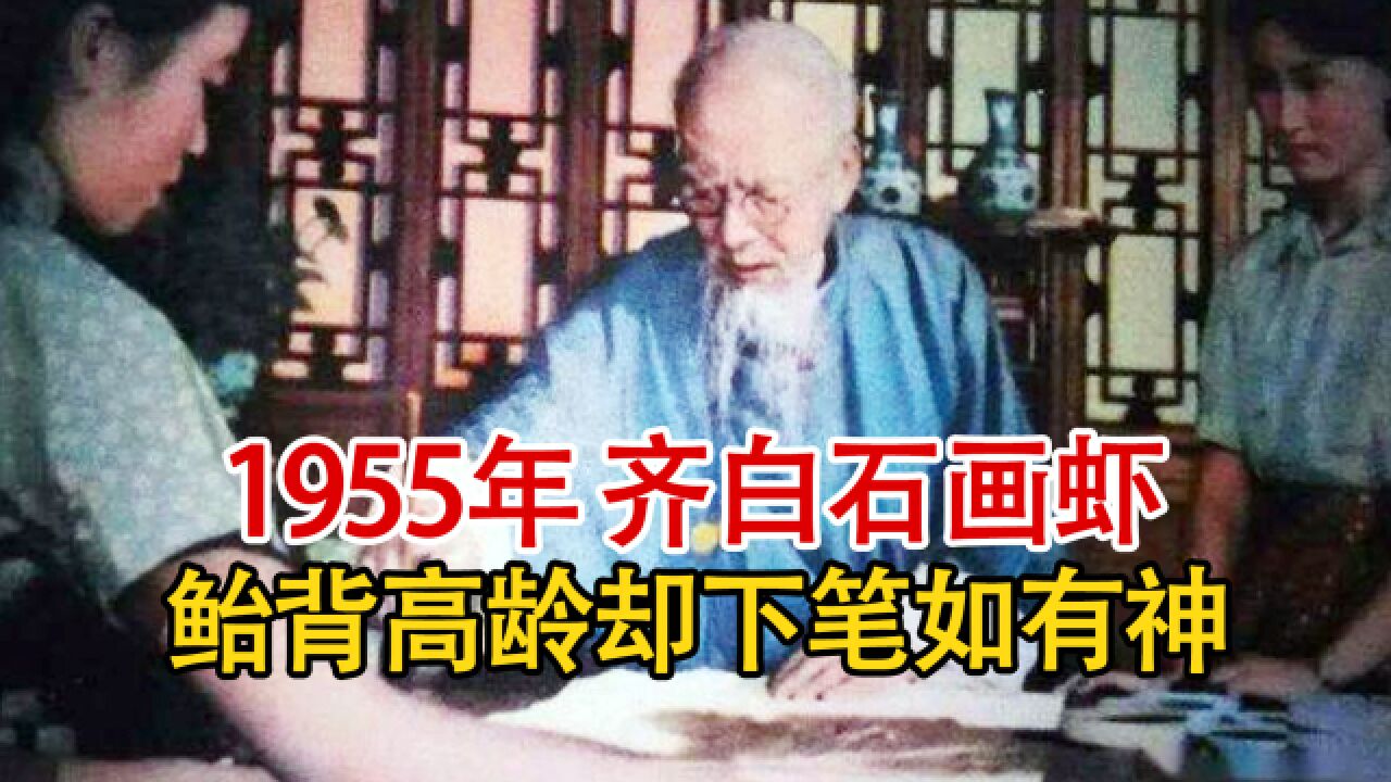 实录1955年,齐白石画虾实录影像,91岁的高龄却下笔如有神