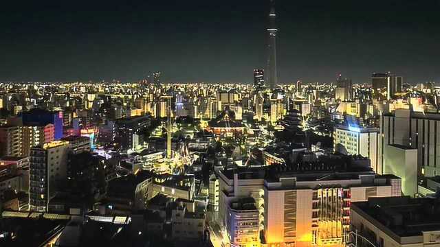 东京的夜景,夜晚灯火通明,远眺富士山那座沉睡的火山