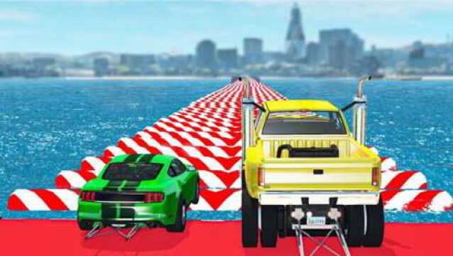 BeamNG:货车,兰博基尼和校车开足马力冲向水上减速带,车祸模拟