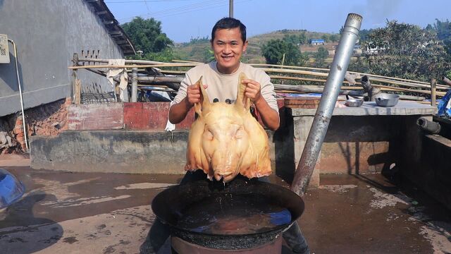 160预定一个猪头,煮2小时做猪头宴吃,大口吃肉喝酒过瘾