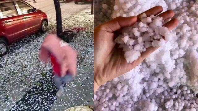 贵阳多地突降冰雹,路面被雹体覆盖一片雪白 有市民车里躲避