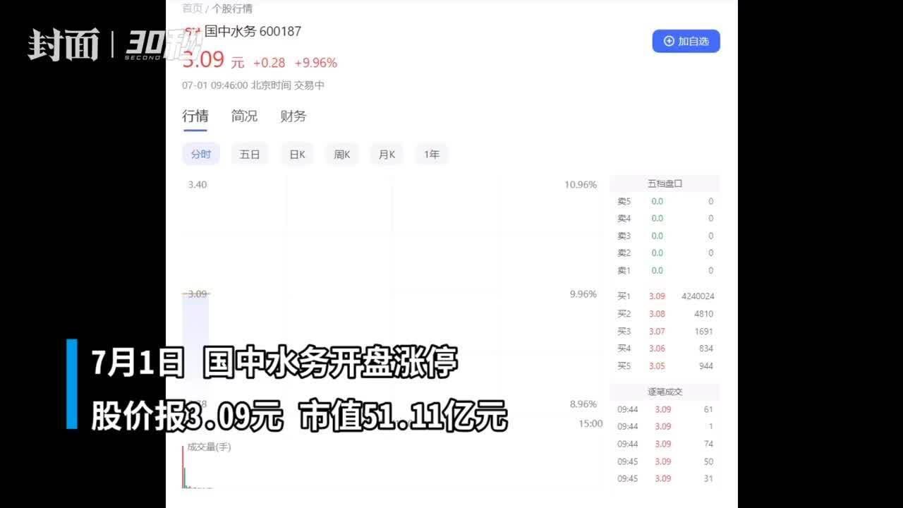 参与汇源饮料重整计划、已出3亿元保证金 国中水务“三连板”