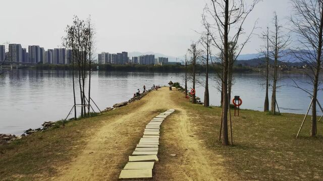 清远北江东路及远处的飞来峡群山、南岸公园风光及北江游泳者