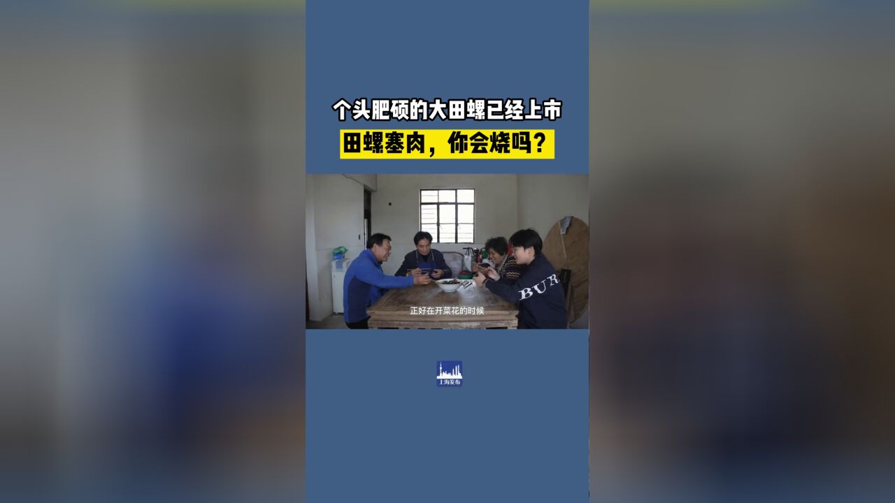 近日,个头肥硕的大田螺已经上市,跟随视频,一起来制作这道“田螺塞肉”吧~供稿:奉贤区融媒体中心