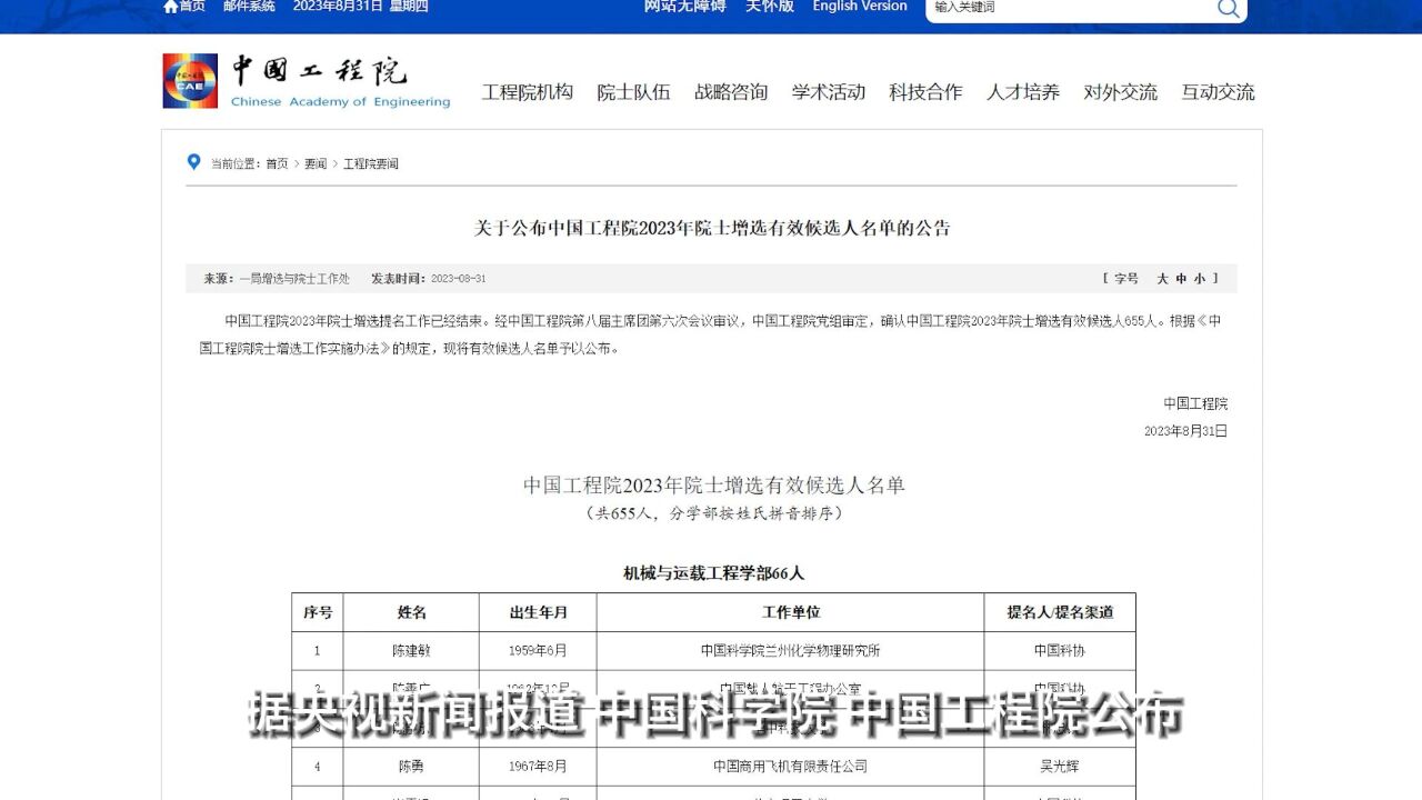 中国科学院、中国工程院公布2023年院士增选有效候选人名单