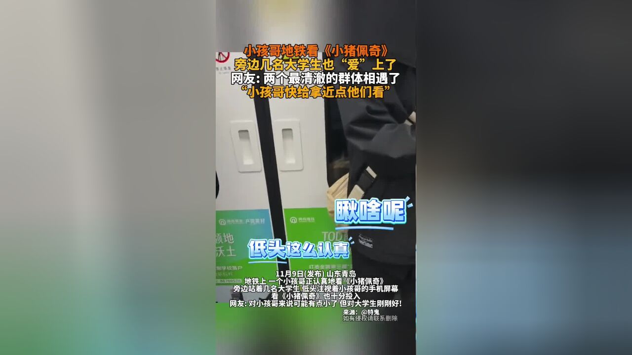 小孩哥地铁看《小猪佩奇》,旁边几名大学生也“爱”上了!网友:两个最清澈的群体相遇了,“小孩哥快给拿近点他们看”