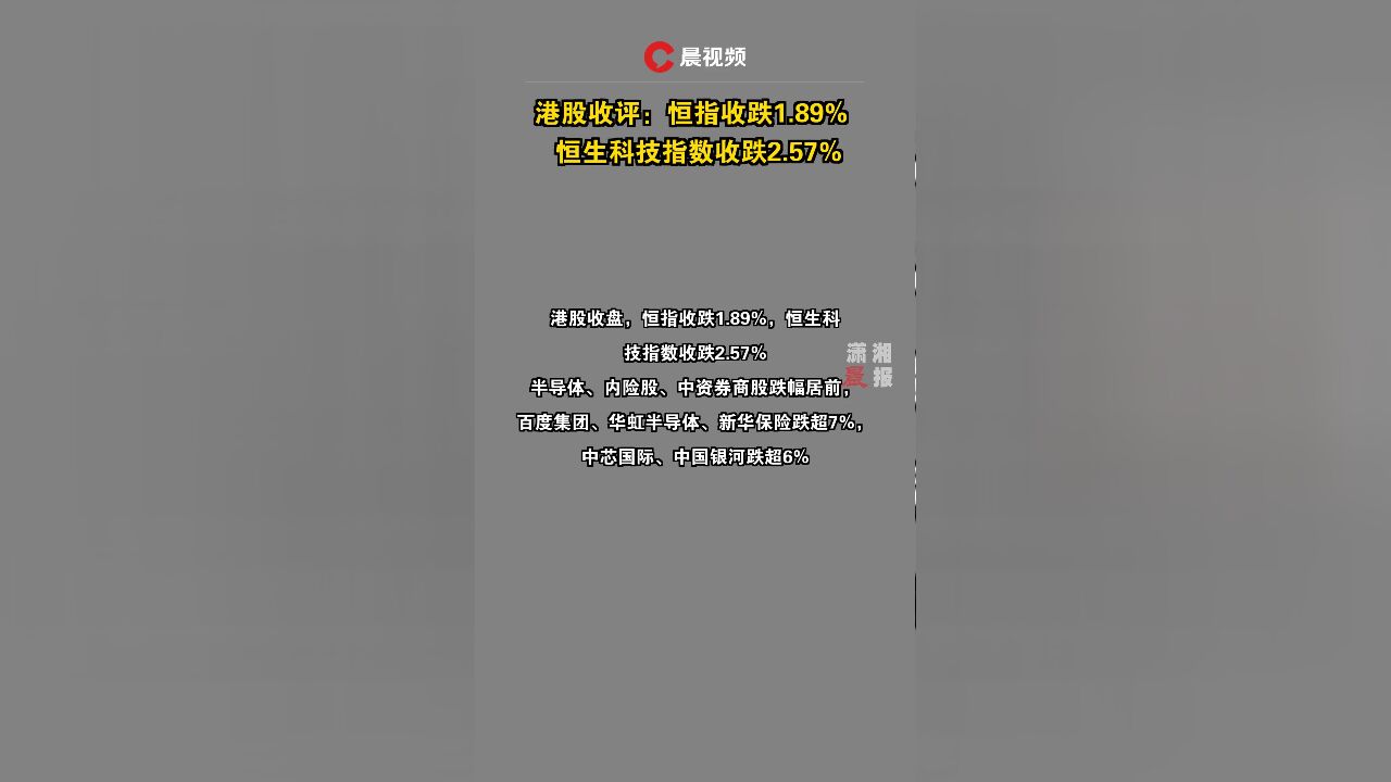 港股收评:恒指收跌1.89% 恒生科技指数收跌2.57%