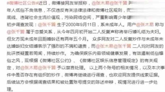 张木易、张千巽微博被禁言?因:发布涉未成年人低俗不良信息!