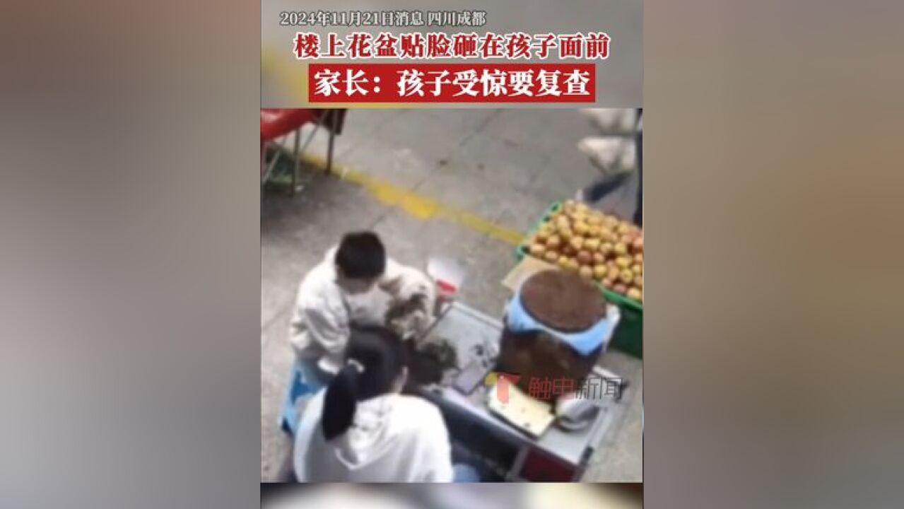 两孩子坐在临街商铺桌子前,花盆从天而降险些砸中两人,孩子妈妈孟女士称,花盆是4楼住户手滑掉下来的,当时对方就带孩子去医院检...