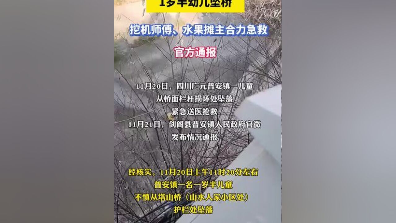 1岁半幼儿坠桥,挖机师傅、水果摊主合力急救!