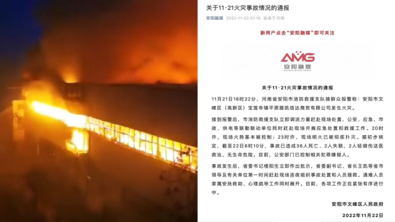 河南安阳厂房火灾已致36人死亡!官方通报:已控制相关犯罪嫌疑人