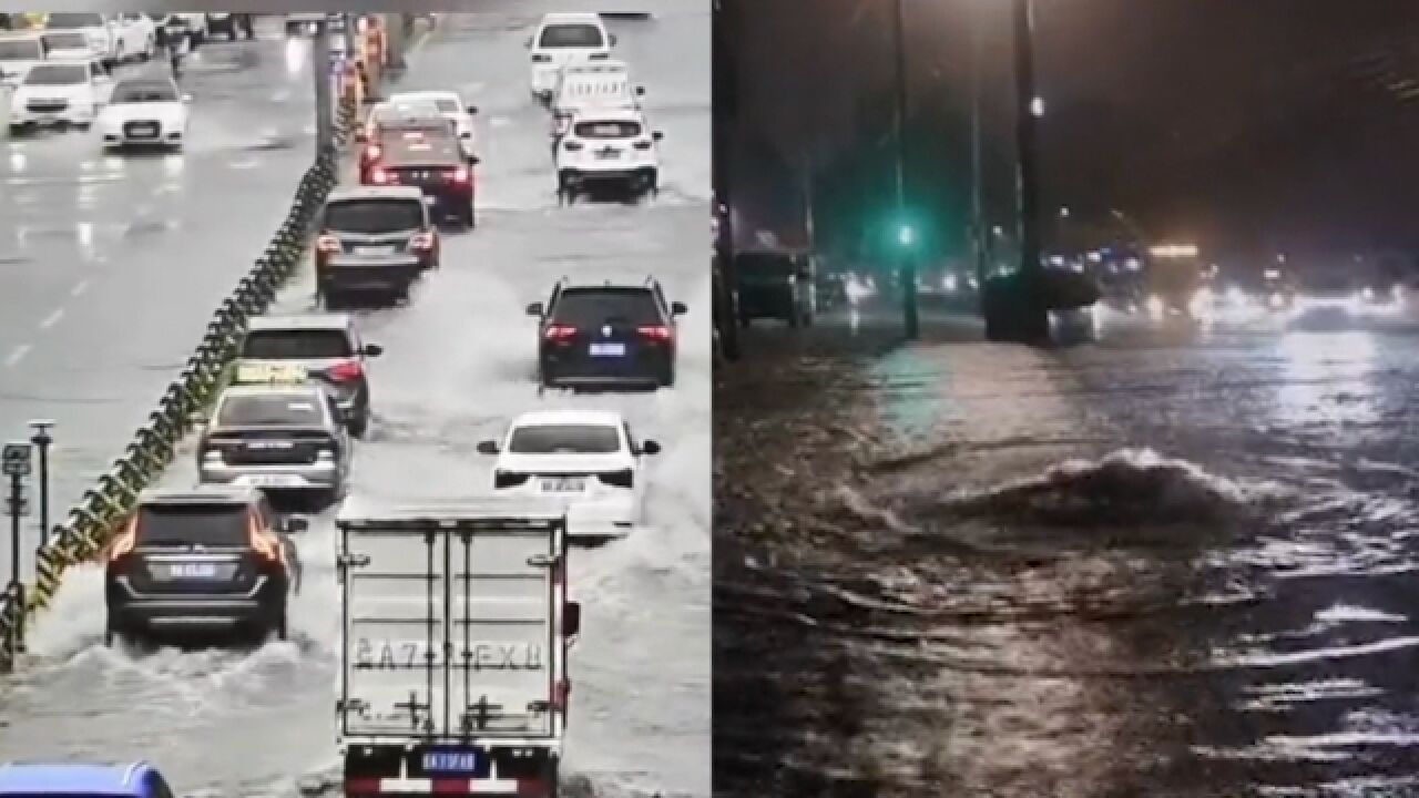 山东济南迎强降雨:路面积水严重,倒灌致部分下水道变“喷泉”