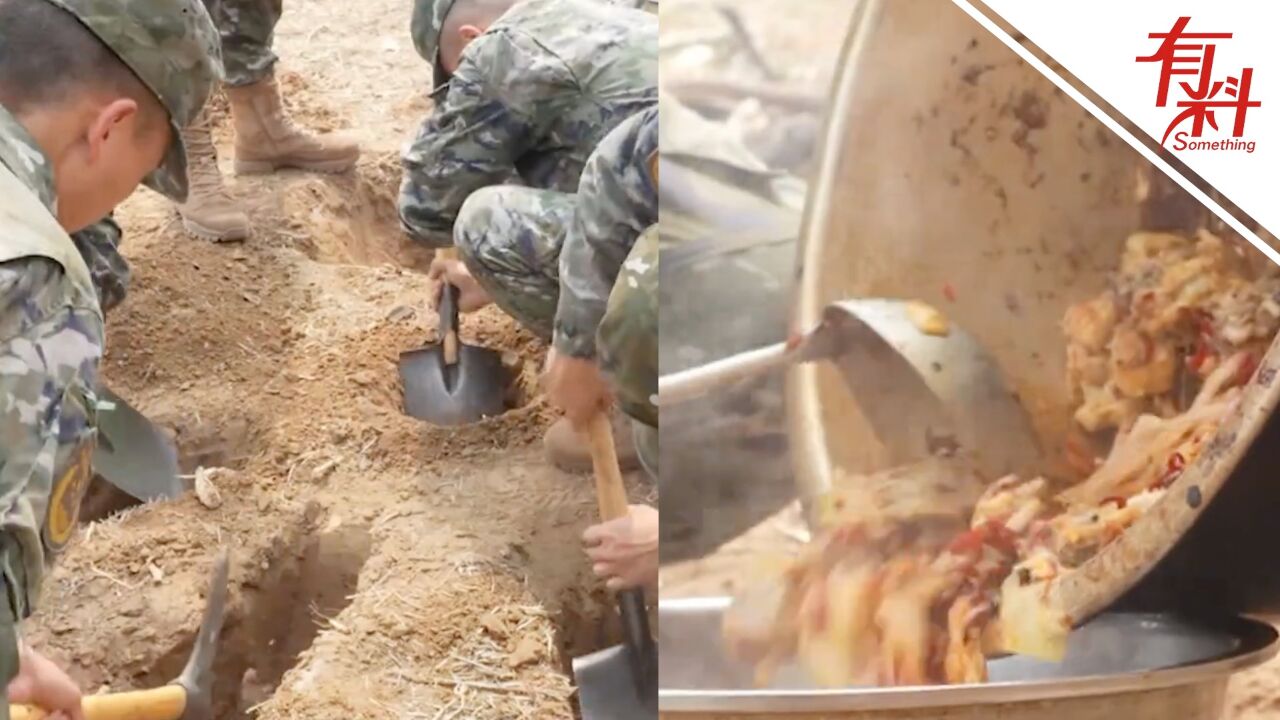 武警第一机动总队开展军营野炊活动 用铲子挖灶坑生火做饭