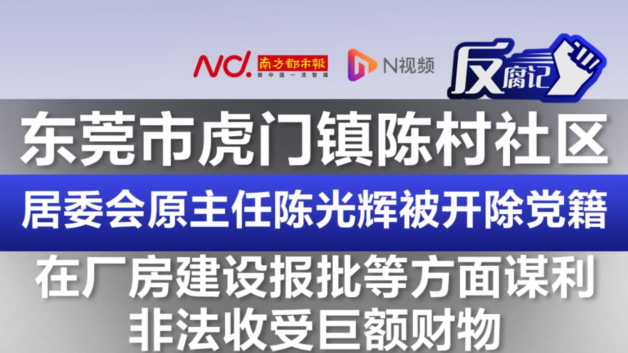 东莞市虎门镇陈村社区居委会原主任陈光辉被开除党籍