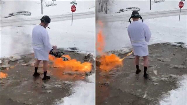 硬核扫雪!男子光腿穿浴袍举喷火枪融化冰雪