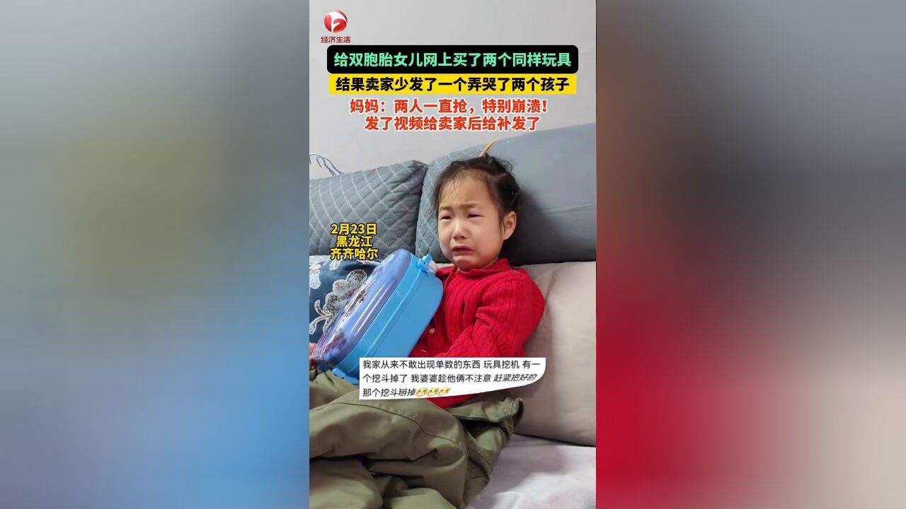 给双胞胎女儿网上买了两个同样玩具,卖家少发了一个......