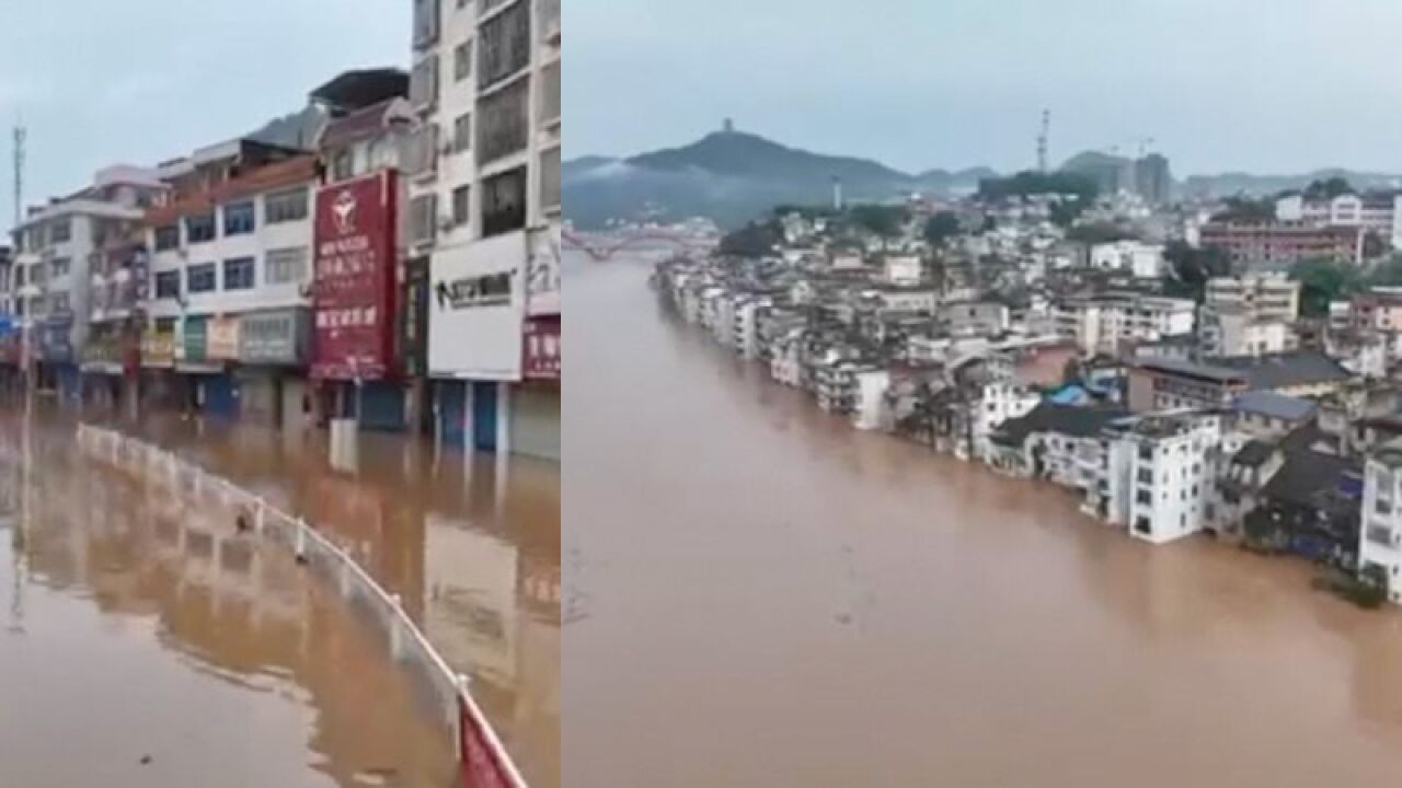 航拍广西平乐县城:洪水涌进街道,水位超警戒近5米,目前仍在上涨