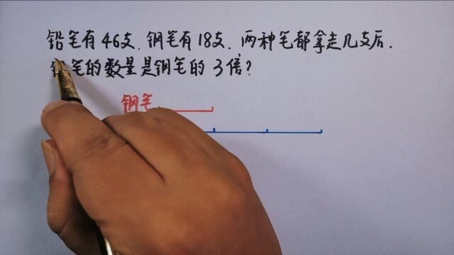 铅笔46支,钢笔18支,两种笔都拿走几支,铅笔支数是钢笔的3倍?