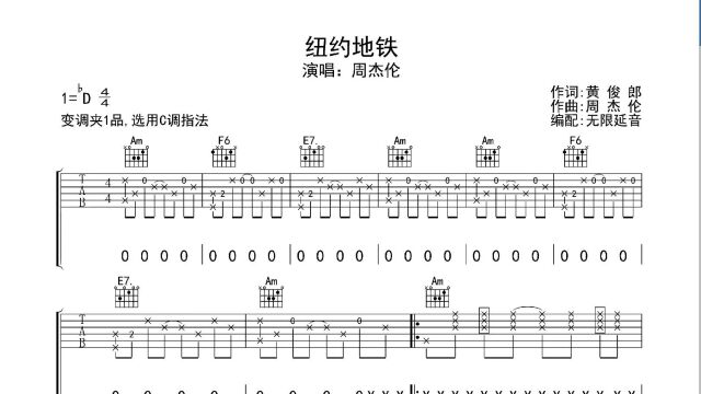 纽约地铁 ,吉他谱,动态吉他谱,吉他弹唱谱,无限延音吉他