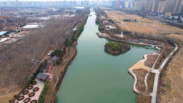 航拍西安市汉城湖风景区美丽景色