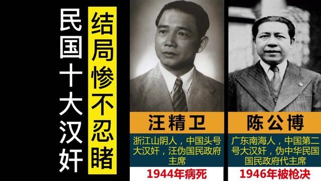 民国10大汉奸,结局一个比一个凄惨,真是大快人心!#民国 #汪精卫 #传奇人物