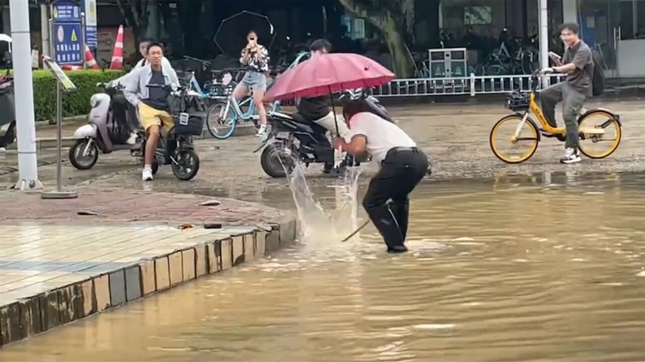 福州暴雨过后男子拿棍拍打积水,引路人围观,下一秒捞出数条大鱼