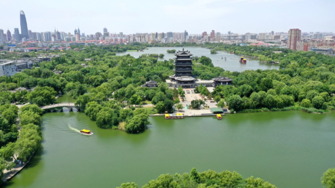 果然视频|盛夏季节的济南大明湖,满湖的翠绿和碧蓝