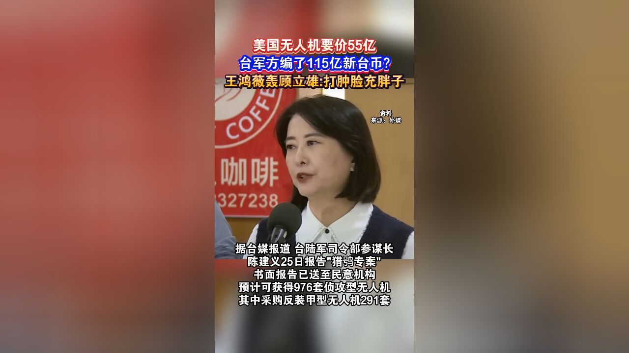 美国无人机要价55亿,台军方编了115亿新台币?王鸿薇轰顾立雄:打肿脸充胖子