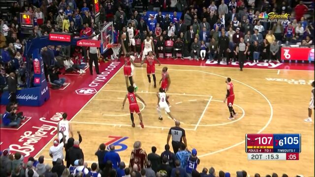 一步登天送出大帽 琼斯用尽浑身解数拦截哈登进攻