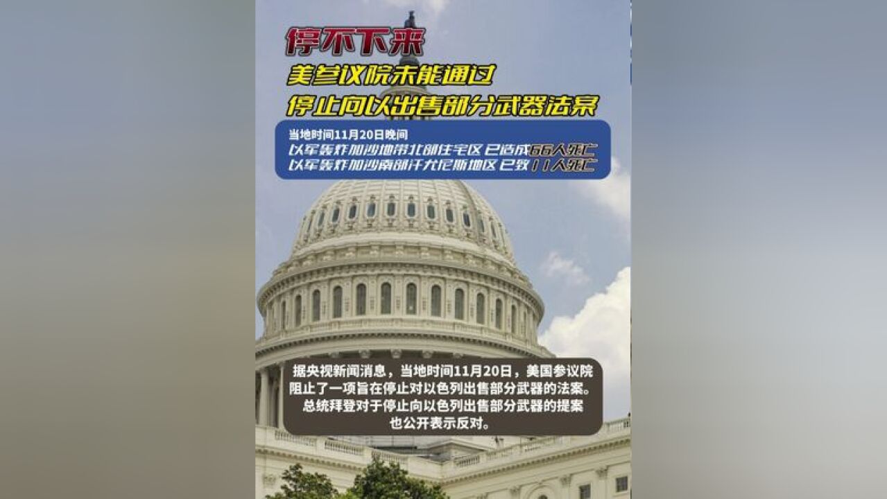 停不下来 美参议院未能通过停止向以出售部分武器法案 当地时间11月20日晚间 以军轰炸加沙地带北部住宅区 已造成66人死亡