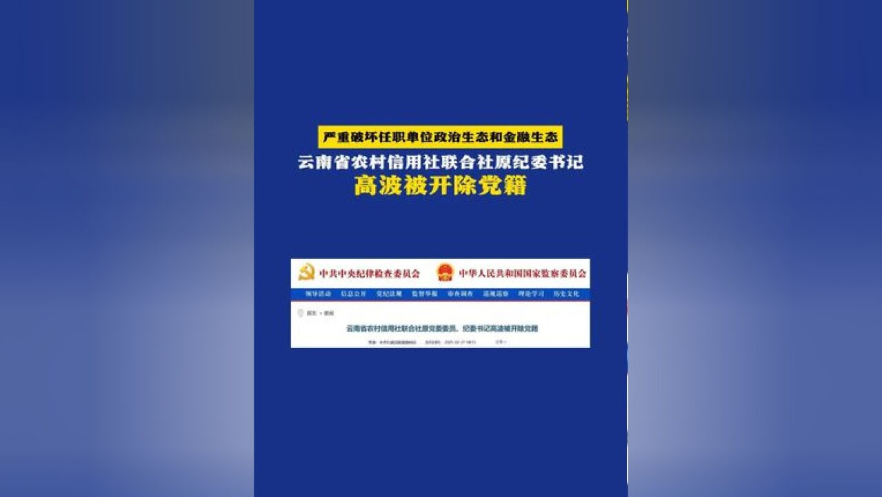 严重破坏任职单位政治生态和金融生态!云南省农村信用社联合社原纪委书记高波被开除党籍(来源:中央纪委国家监委网站 制作:徐微微 统筹编辑:李劼...