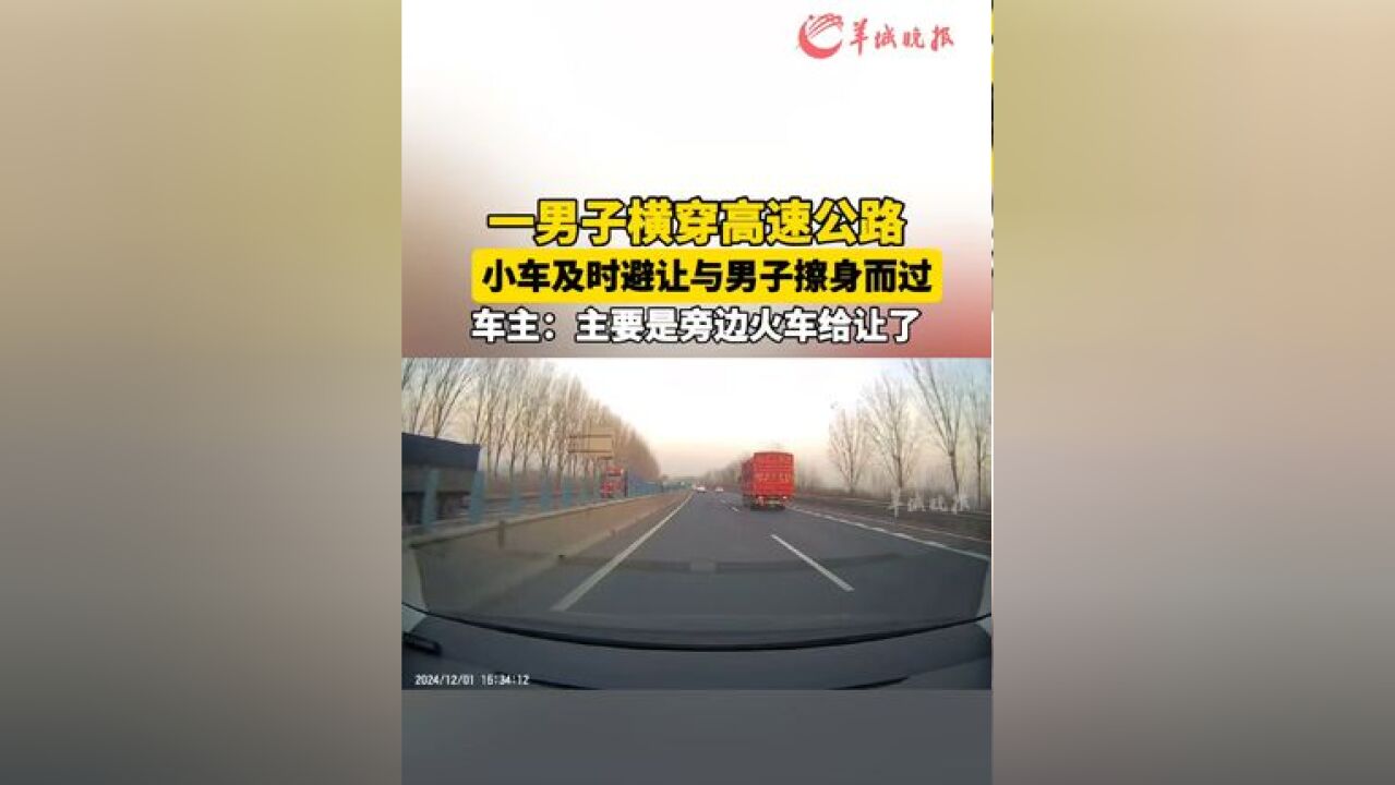 一男子横穿高速公路 小车及时避让与男子擦身而过 车主:主要是旁边货车给让了