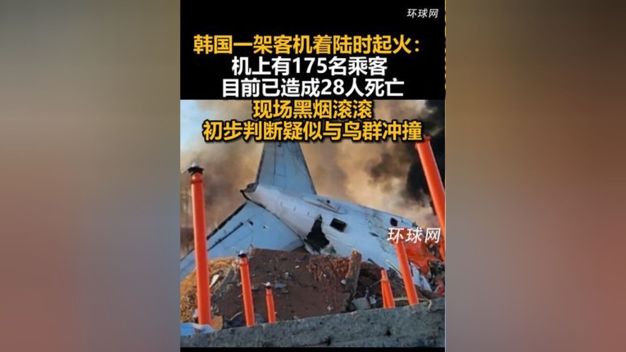 韩国一架客机着陆时起火:机上有175名乘客 ,目前已造成28人死亡,现场黑烟滚滚,初步判断疑似与鸟群冲撞