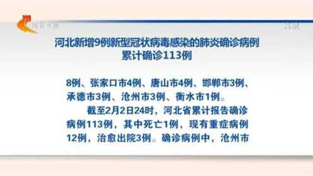 河北新增9例新型冠状病毒感染的肺炎确诊病例 累计确诊113例