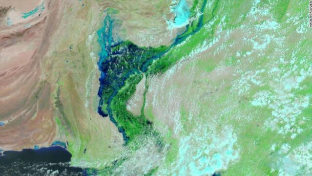 美媒:卫星图显示,巴基斯坦洪水在该国形成100公里宽“内陆湖”