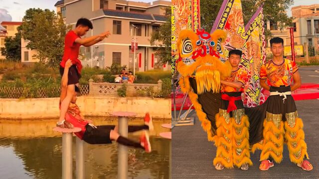 广西两名少年练水上舞狮走红 狮头扮演者:为了梦想 累并快乐着