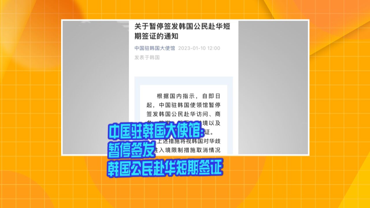 中国驻韩国大使馆:暂停签发韩国公民赴华短期签证