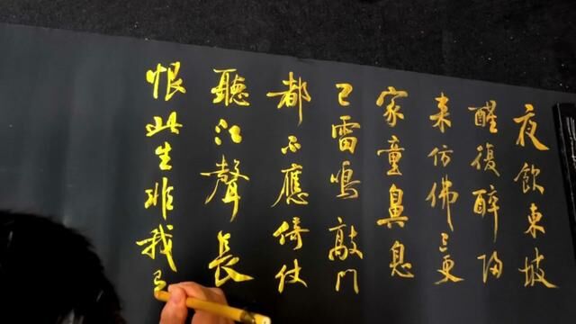 黑底金字行书,临江仙ⷮŠ夜饮东坡醒复醉,小舟从此逝,江海寄余生 #书法创作 #书法日常 #写字静心 #草根书法 #书法作品