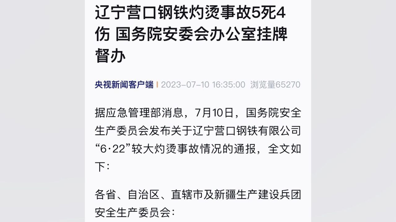 辽宁营口钢铁灼烫事故5死4伤 国务院安委会办公室挂牌督办