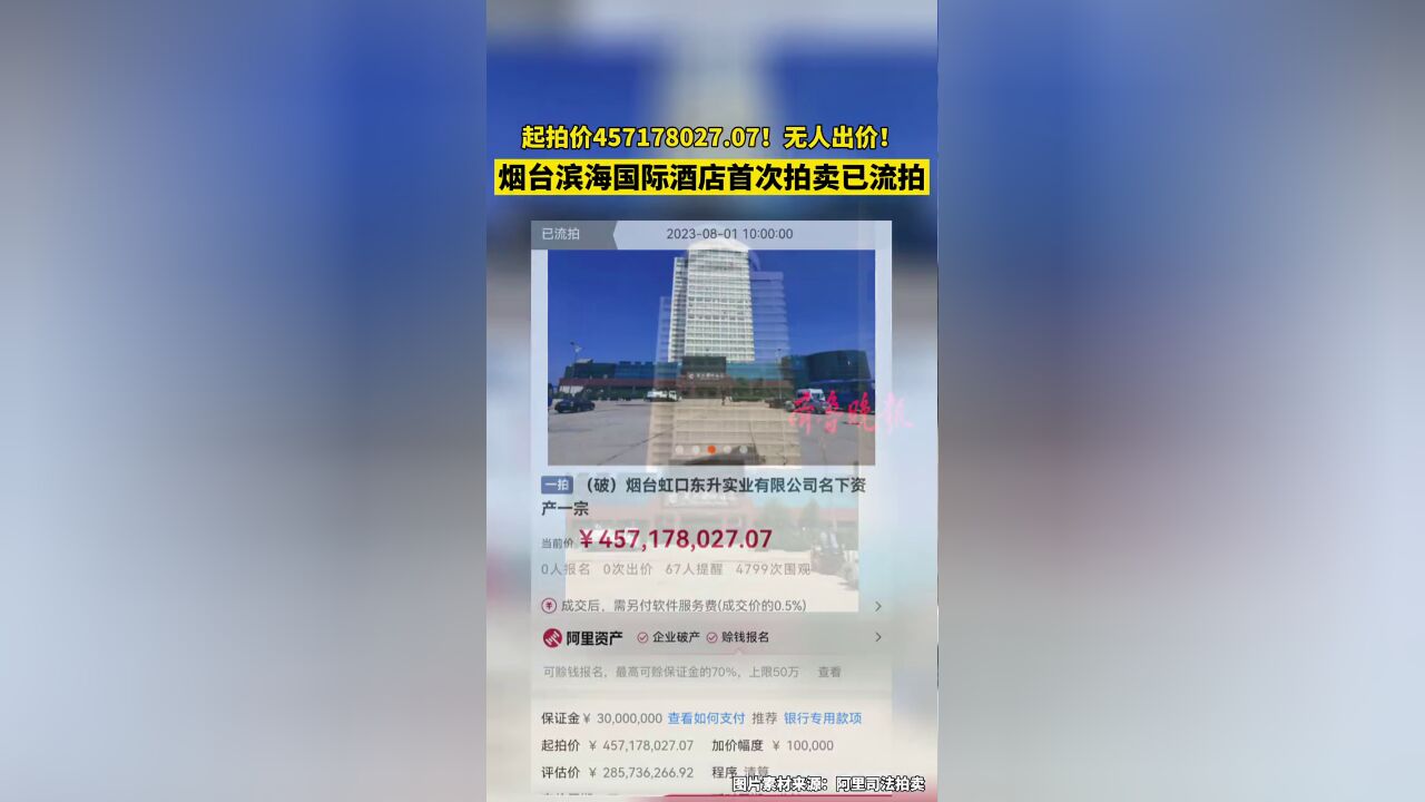 烟台滨海国际酒店首场拍卖已流拍,起拍价457178027.07,无人出价!