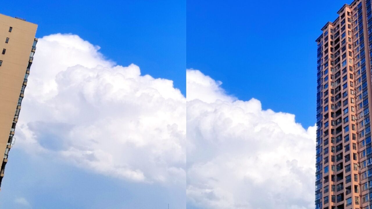 广西百色市田东县雨后晴空团积云横贯楼宇间 仰望云天现场实景亮眼聆听旋律云宫迅音应景