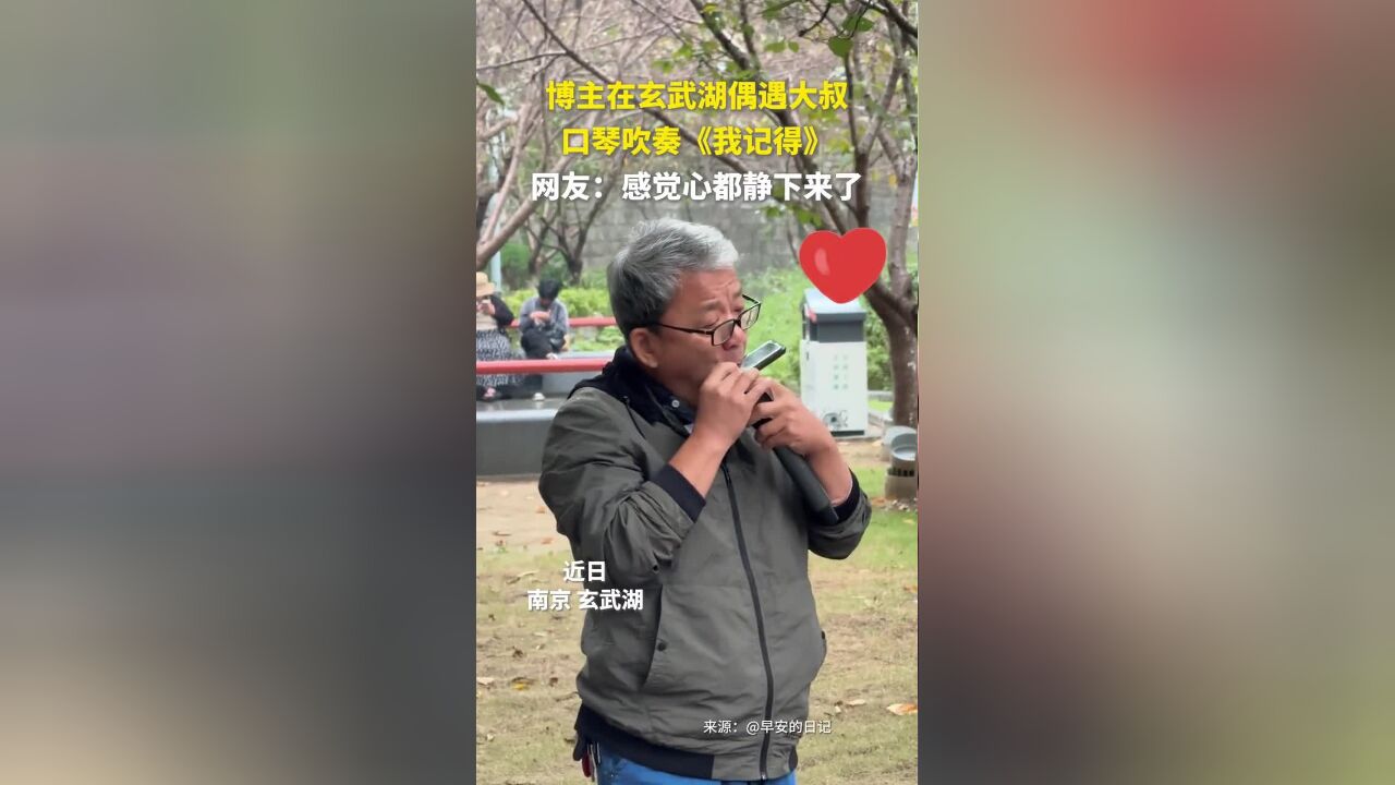 博主在玄武湖偶遇大叔口琴吹奏《我记得》,网友:感觉心都静下来了